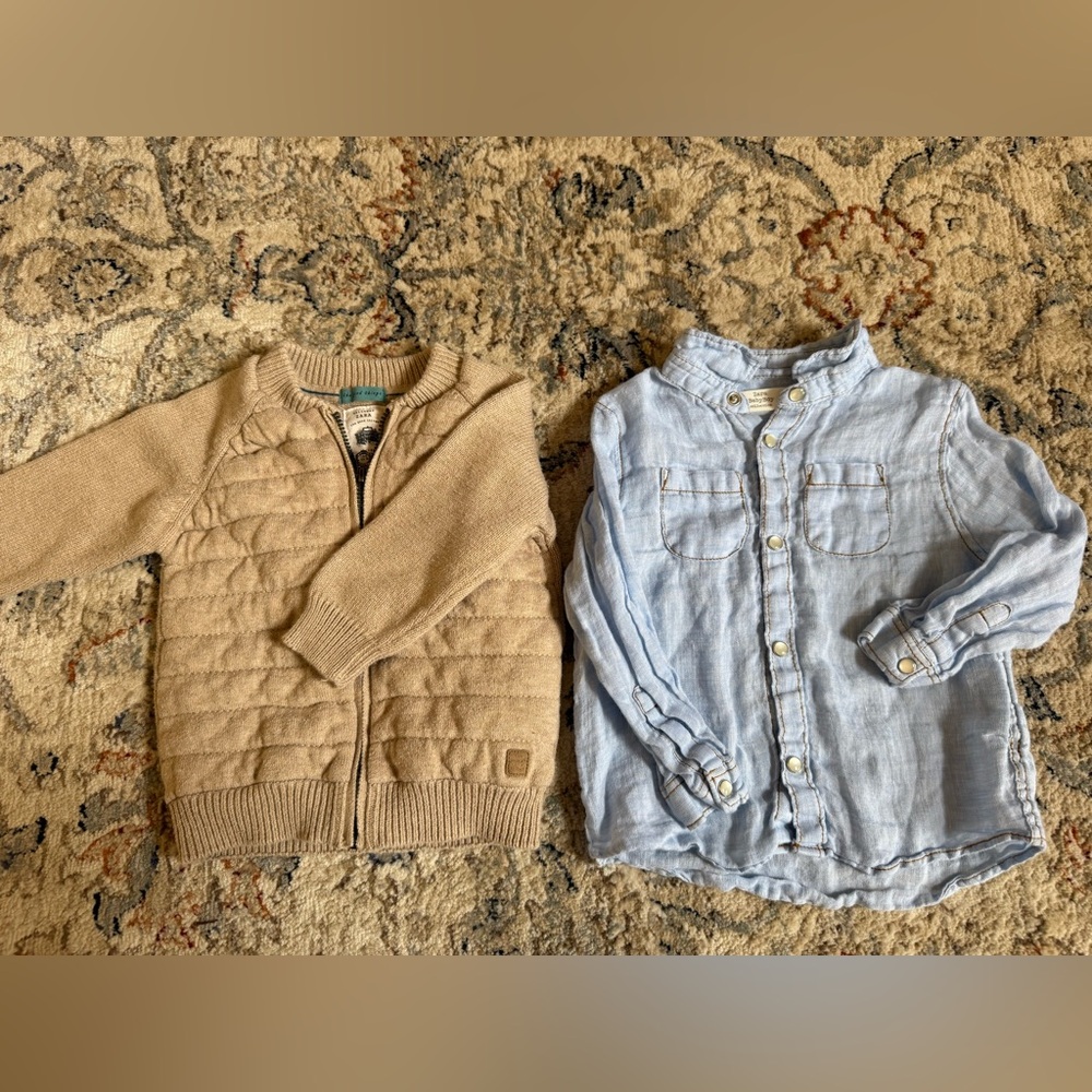 Zara Boys Tan Quilted Jacket and Light Blue Button-Up Shirt - 12-18M